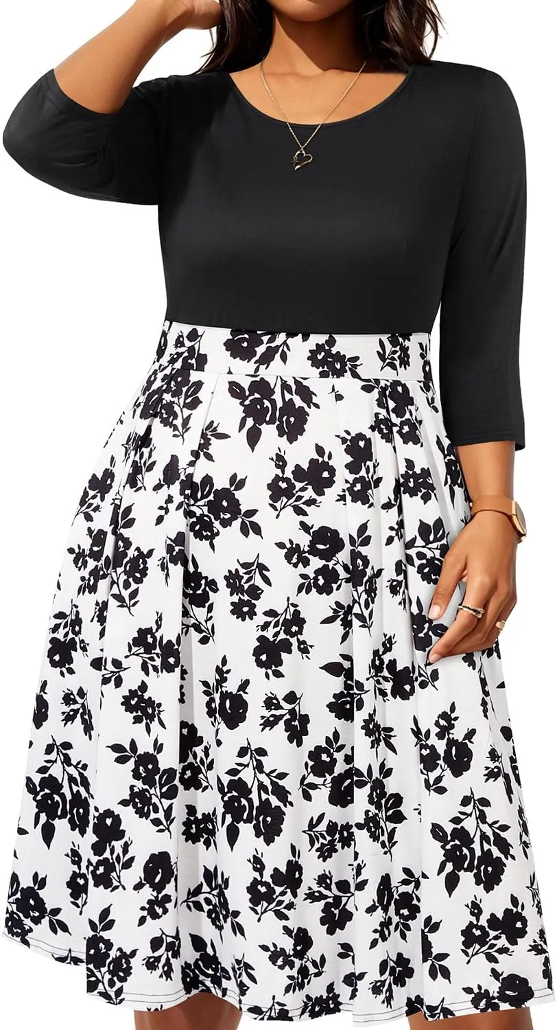 Pinup Fashion Plus Size Work Dresses - Fall Church Office Semi Formal Fit and Flare Midi Dress with Pockets