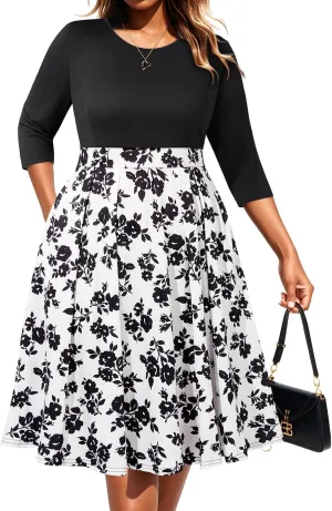 Pinup Fashion Plus Size Work Dresses - Fall Church Office Semi Formal Fit and Flare Midi Dress with Pockets