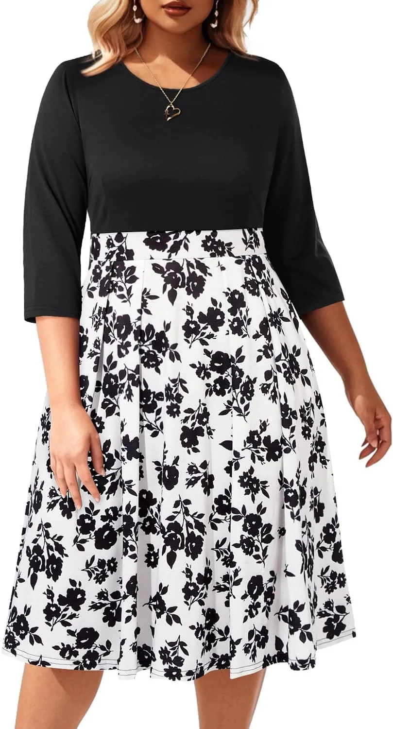 Pinup Fashion Plus Size Work Dresses - Fall Church Office Semi Formal Fit and Flare Midi Dress with Pockets