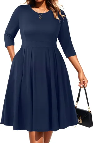 Pinup Fashion Plus Size Work Dresses - Fall Church Office Semi Formal Fit and Flare Midi Dress with Pockets