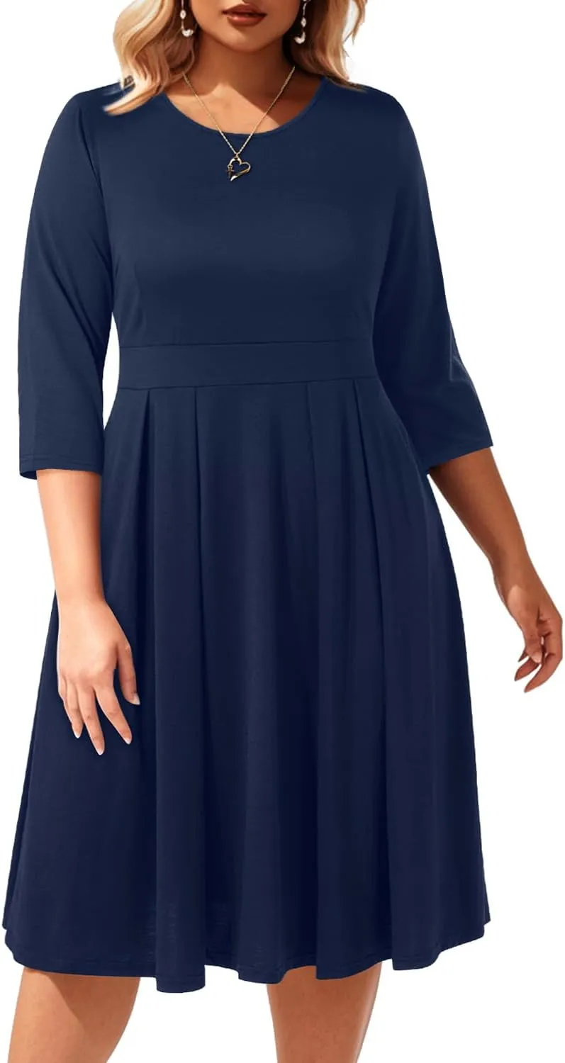 Pinup Fashion Plus Size Work Dresses - Fall Church Office Semi Formal Fit and Flare Midi Dress with Pockets