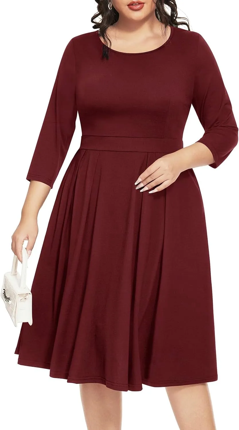 Pinup Fashion Plus Size Work Dresses - Fall Church Office Semi Formal Fit and Flare Midi Dress with Pockets