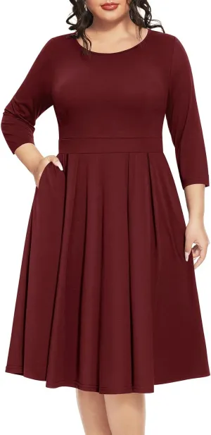 Pinup Fashion Plus Size Work Dresses - Fall Church Office Semi Formal Fit and Flare Midi Dress with Pockets