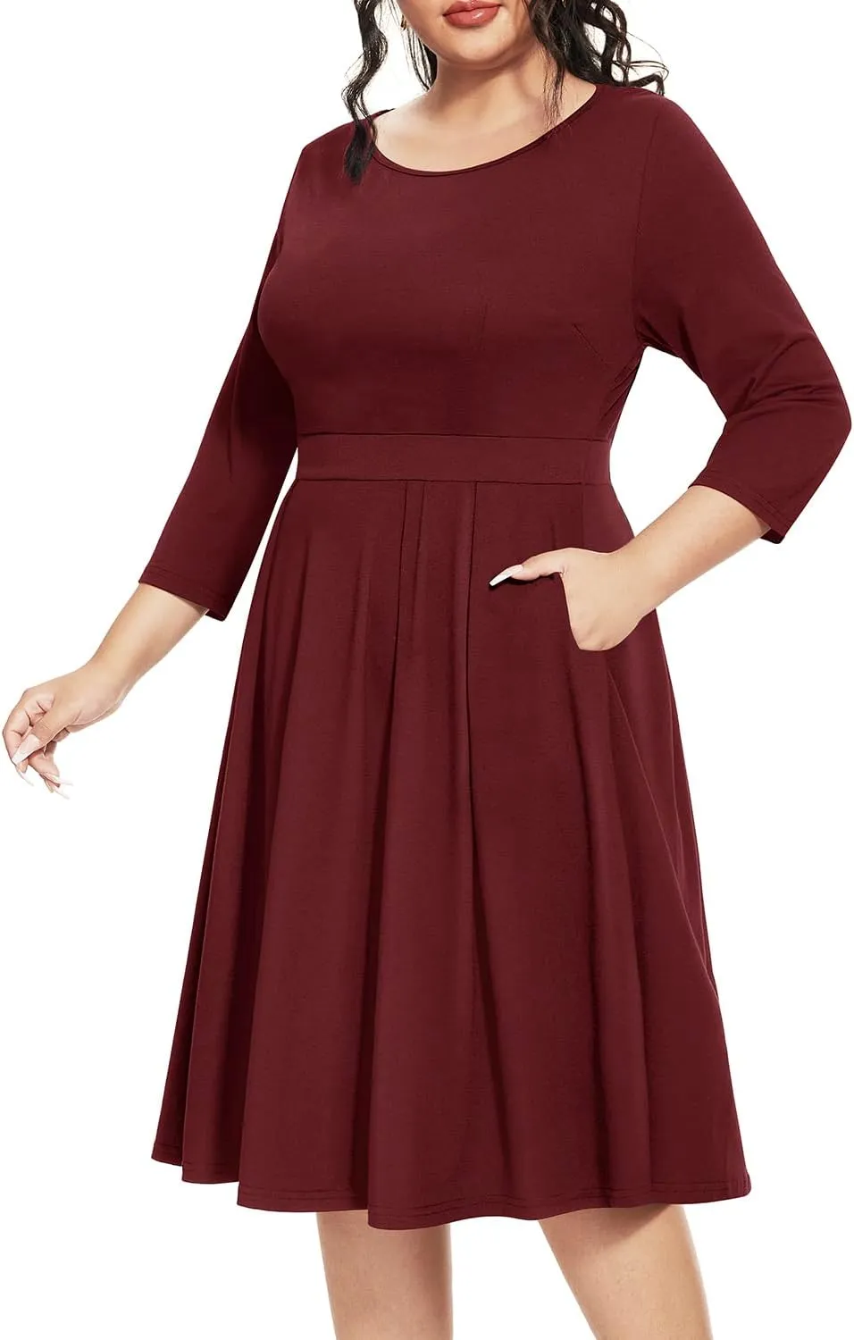 Pinup Fashion Plus Size Work Dresses - Fall Church Office Semi Formal Fit and Flare Midi Dress with Pockets