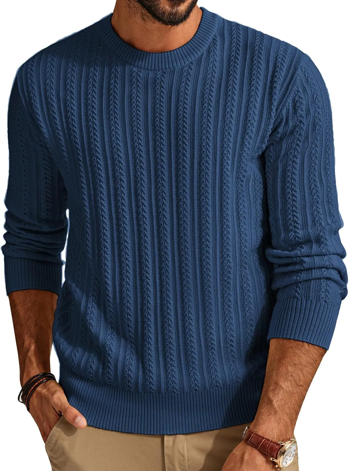 PJ PAUL JONES Mens Crew Neck Sweater Lightweight Cable Knitted Pullover Sweaters