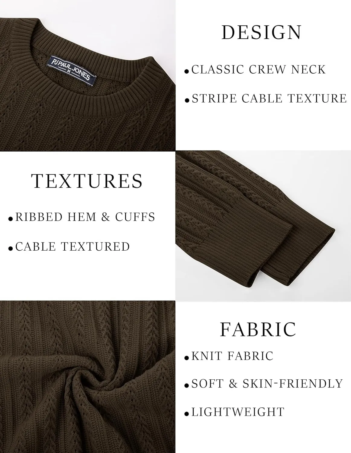 PJ PAUL JONES Mens Crew Neck Sweater Lightweight Cable Knitted Pullover Sweaters