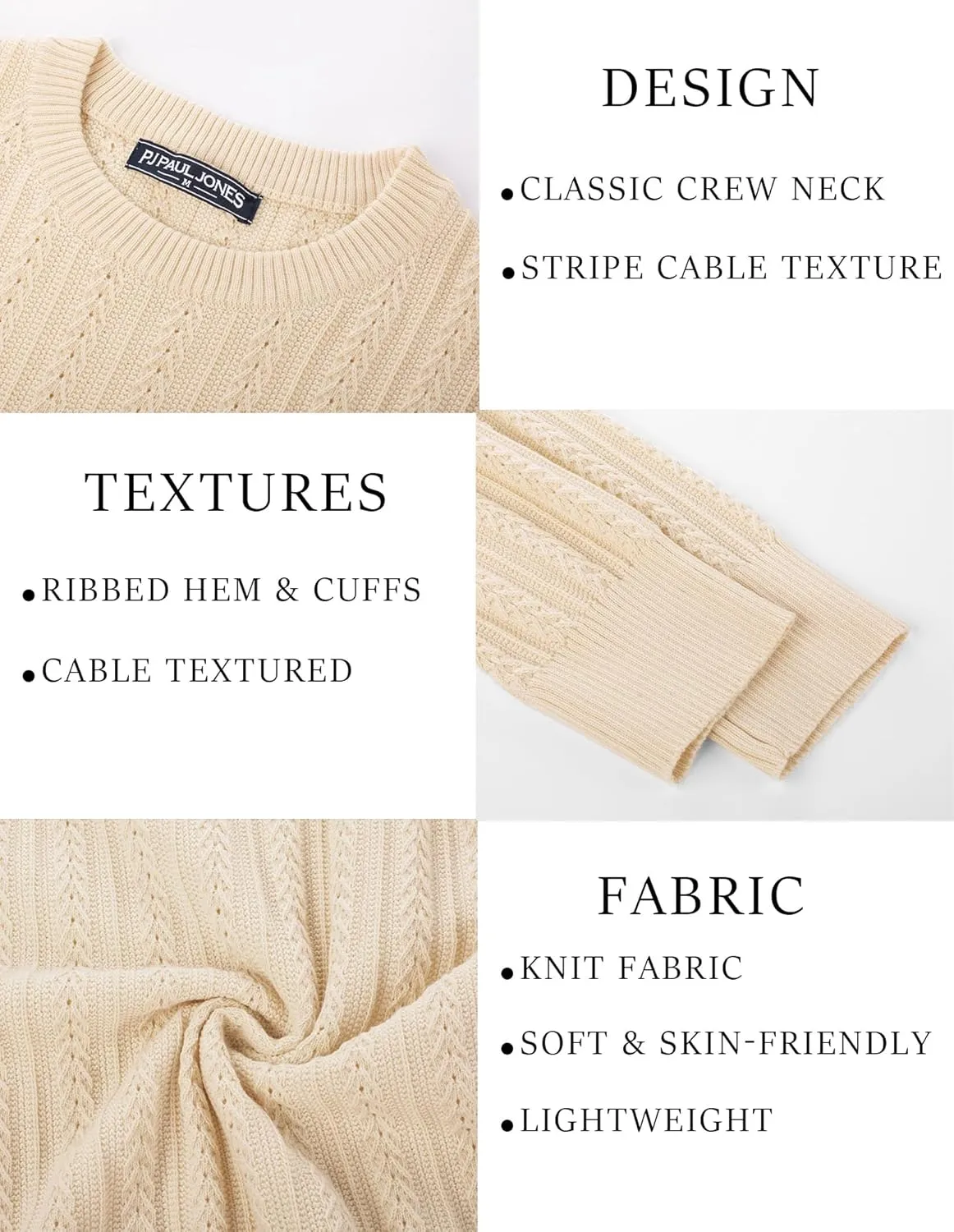 PJ PAUL JONES Mens Crew Neck Sweater Lightweight Cable Knitted Pullover Sweaters
