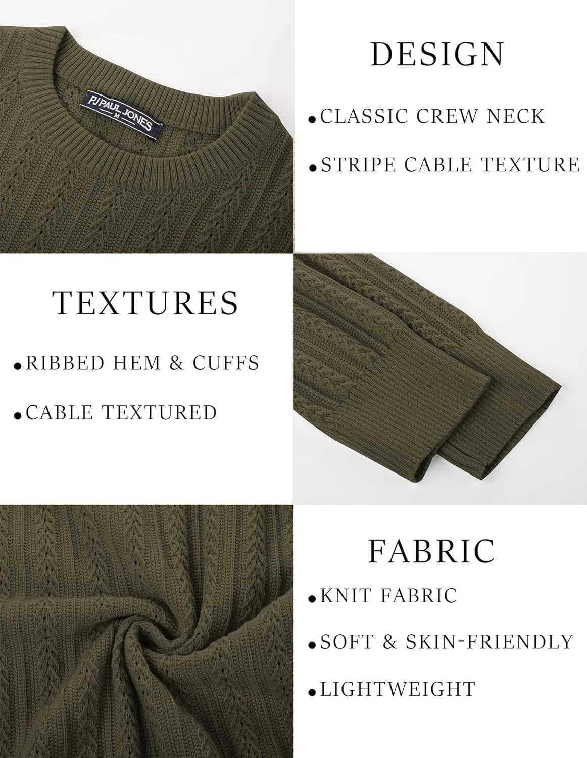 PJ PAUL JONES Mens Crew Neck Sweater Lightweight Cable Knitted Pullover Sweaters