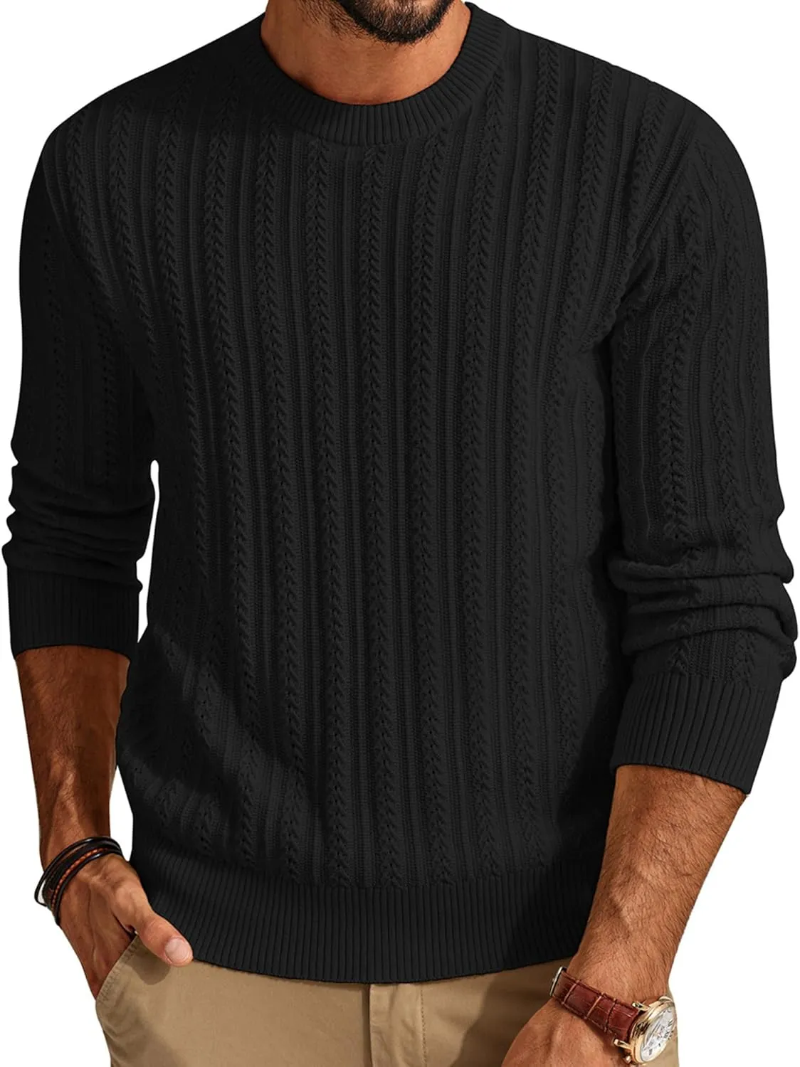 PJ PAUL JONES Mens Crew Neck Sweater Lightweight Cable Knitted Pullover Sweaters