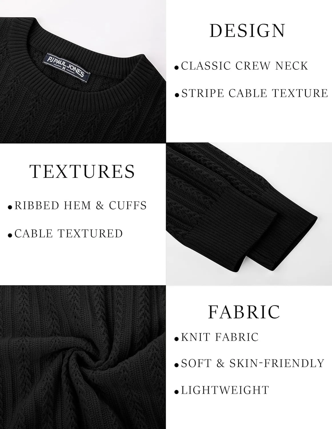PJ PAUL JONES Mens Crew Neck Sweater Lightweight Cable Knitted Pullover Sweaters