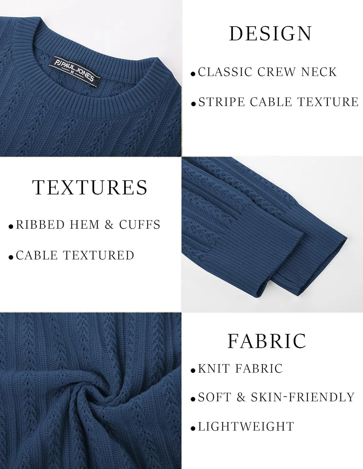 PJ PAUL JONES Mens Crew Neck Sweater Lightweight Cable Knitted Pullover Sweaters
