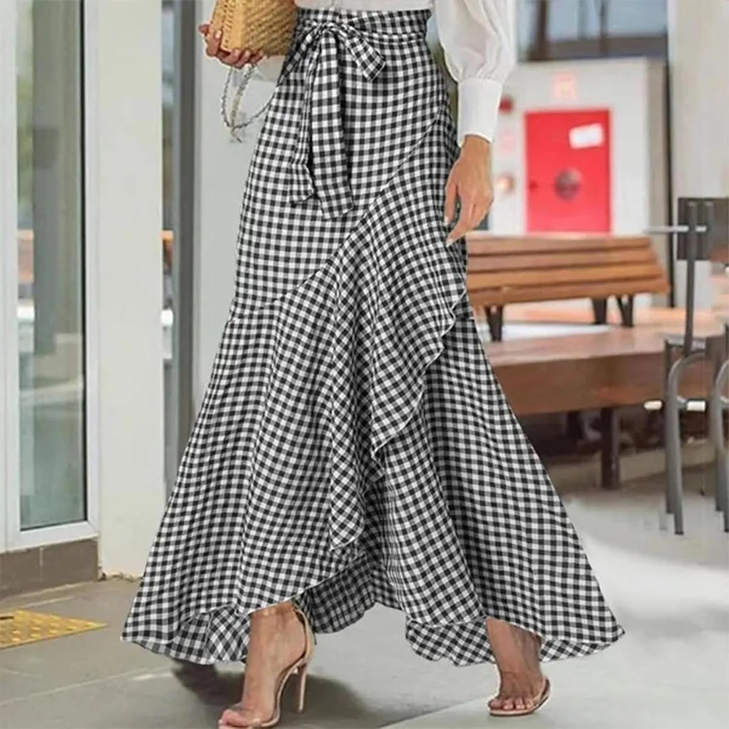 Plaid Mermaid Maxi Skirt for Women Asymmetrical Tied High Waist Ruffle Hem Skirts Casual Fashion Vintage Swing Skirt