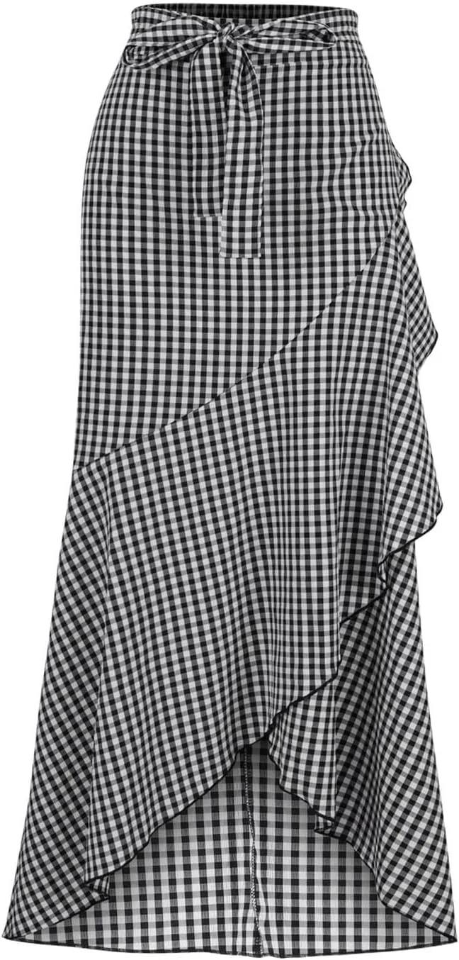 Plaid Mermaid Maxi Skirt for Women Asymmetrical Tied High Waist Ruffle Hem Skirts Casual Fashion Vintage Swing Skirt