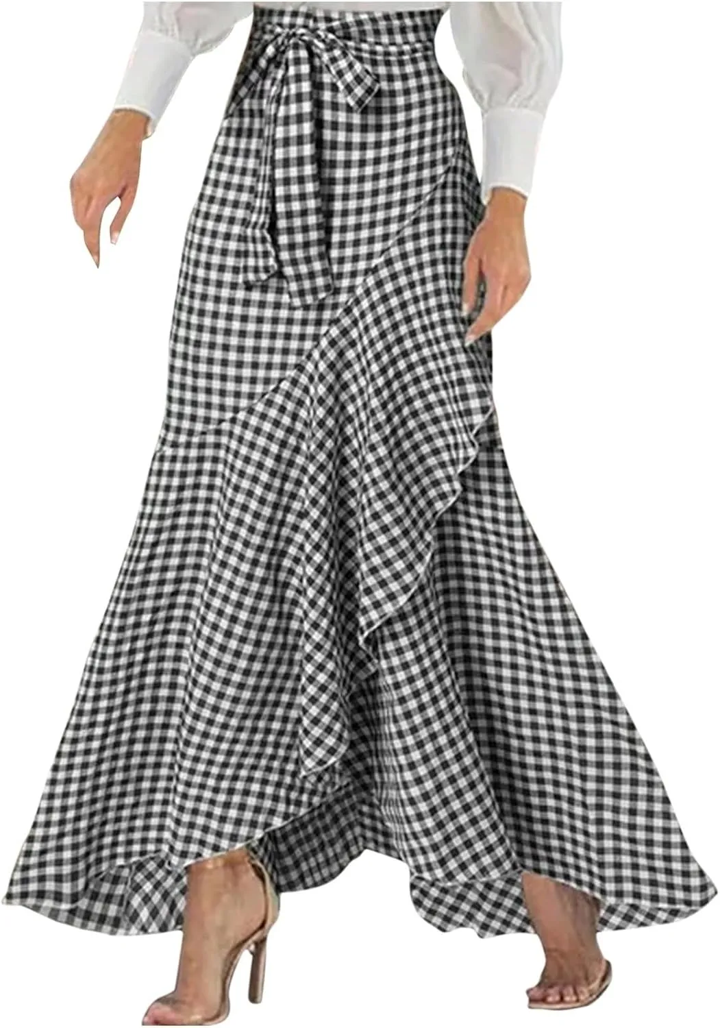 Plaid Mermaid Maxi Skirt for Women Asymmetrical Tied High Waist Ruffle Hem Skirts Casual Fashion Vintage Swing Skirt