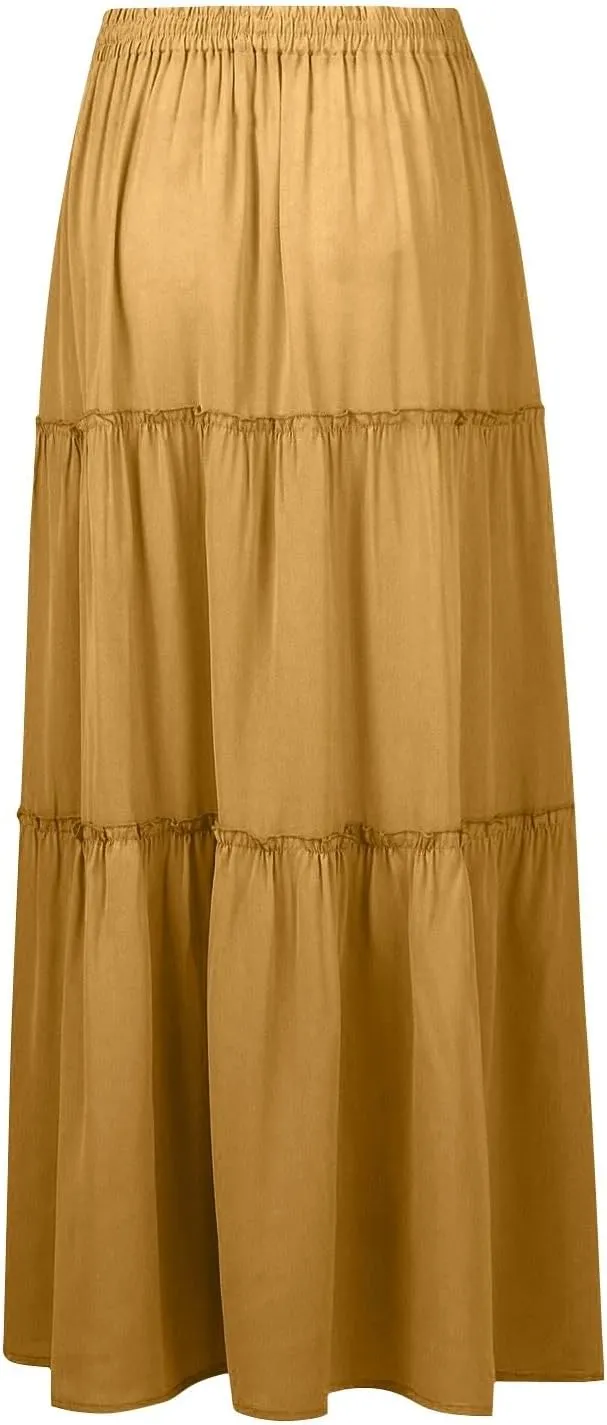 Pleated Long Skirts for Women Summer Casual Elastic High Waisted Skirts A-Line Flowy Swing Maxi Skirt with Pockets