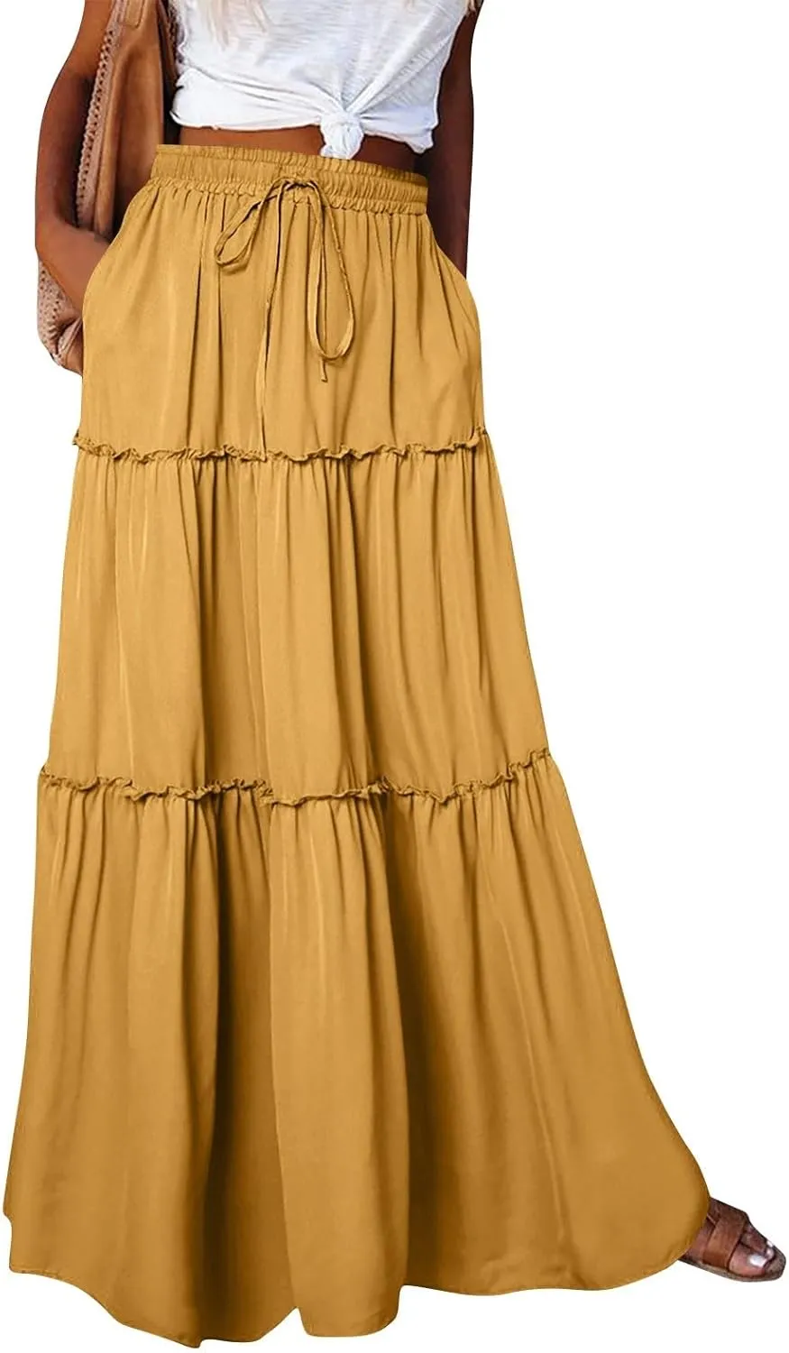 Pleated Long Skirts for Women Summer Casual Elastic High Waisted Skirts A-Line Flowy Swing Maxi Skirt with Pockets