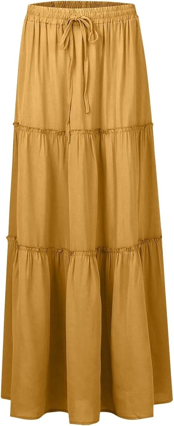 Pleated Long Skirts for Women Summer Casual Elastic High Waisted Skirts A-Line Flowy Swing Maxi Skirt with Pockets