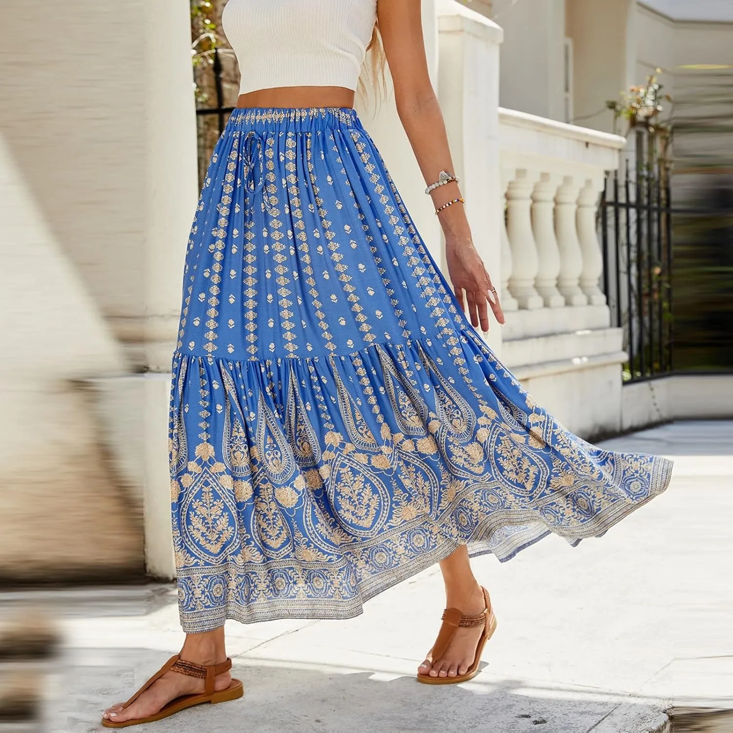 Pleated Skirts for Women,Wrap Drawstring Tiered Flowy Maxi Skirts 2025 Trendy Casual Long Boho Skirt Spring Summer