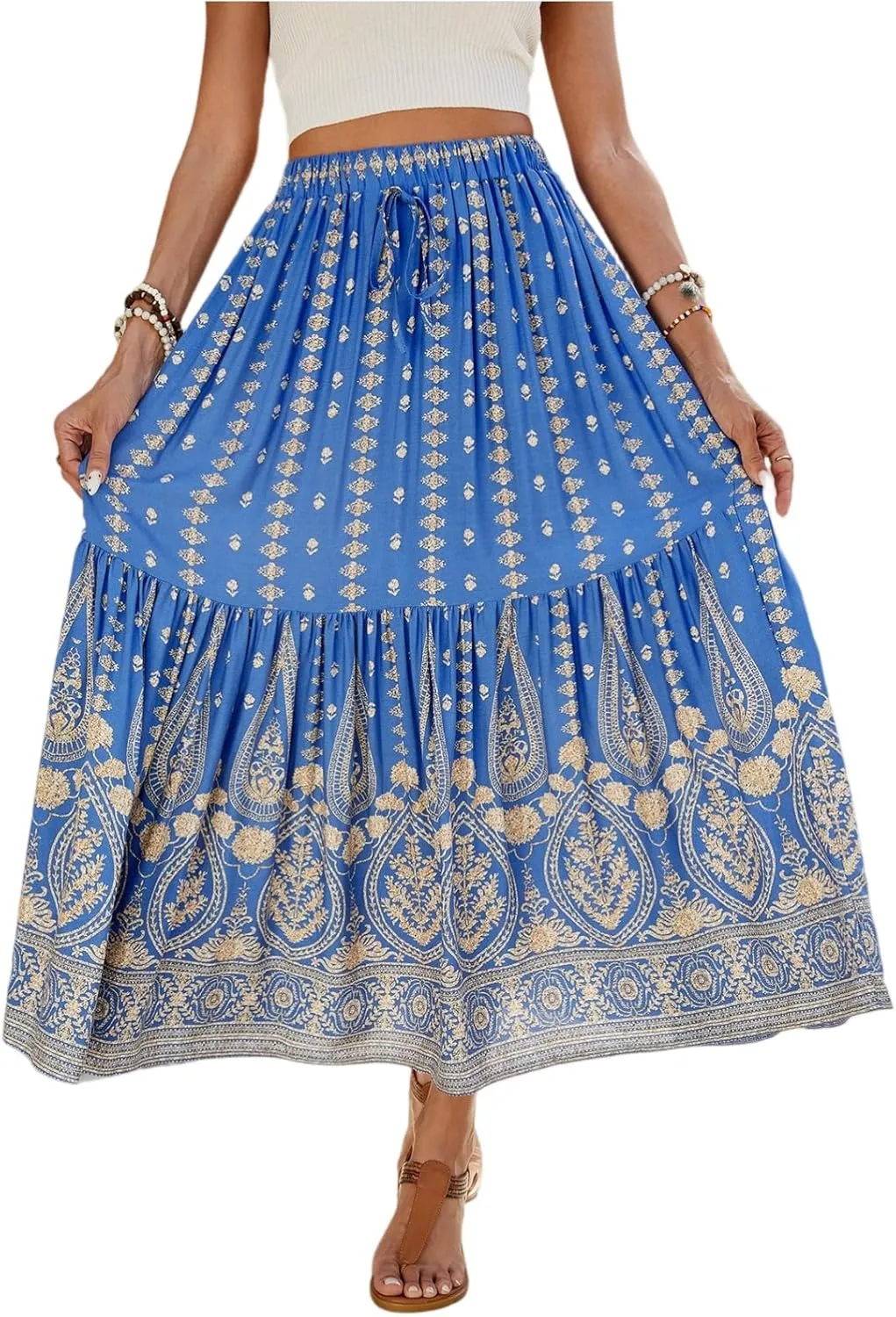 Pleated Skirts for Women,Wrap Drawstring Tiered Flowy Maxi Skirts 2025 Trendy Casual Long Boho Skirt Spring Summer