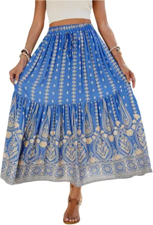 Pleated Skirts for Women,Wrap Drawstring Tiered Flowy Maxi Skirts 2025 Trendy Casual Long Boho Skirt Spring Summer