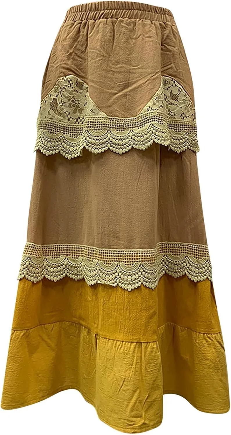 Plus Size Maxi Skirts for Women Summer Lace Tiered Mesh Layered Pleated Elastic High Waist Swing A-line Long Skirt