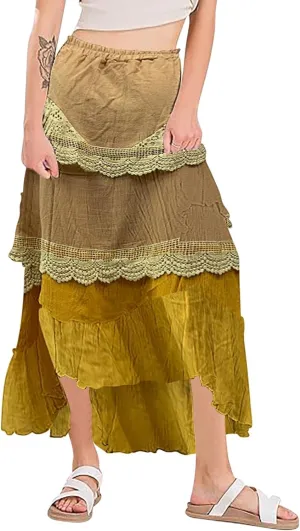 Plus Size Maxi Skirts for Women Summer Lace Tiered Mesh Layered Pleated Elastic High Waist Swing A-line Long Skirt