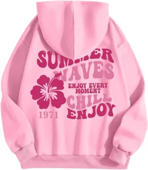 Preppy Hoodies Womens Pink Hoodie Fall Graphic Long Sleeve Drawstring Hooded Pocket Pullover Sweatshirts