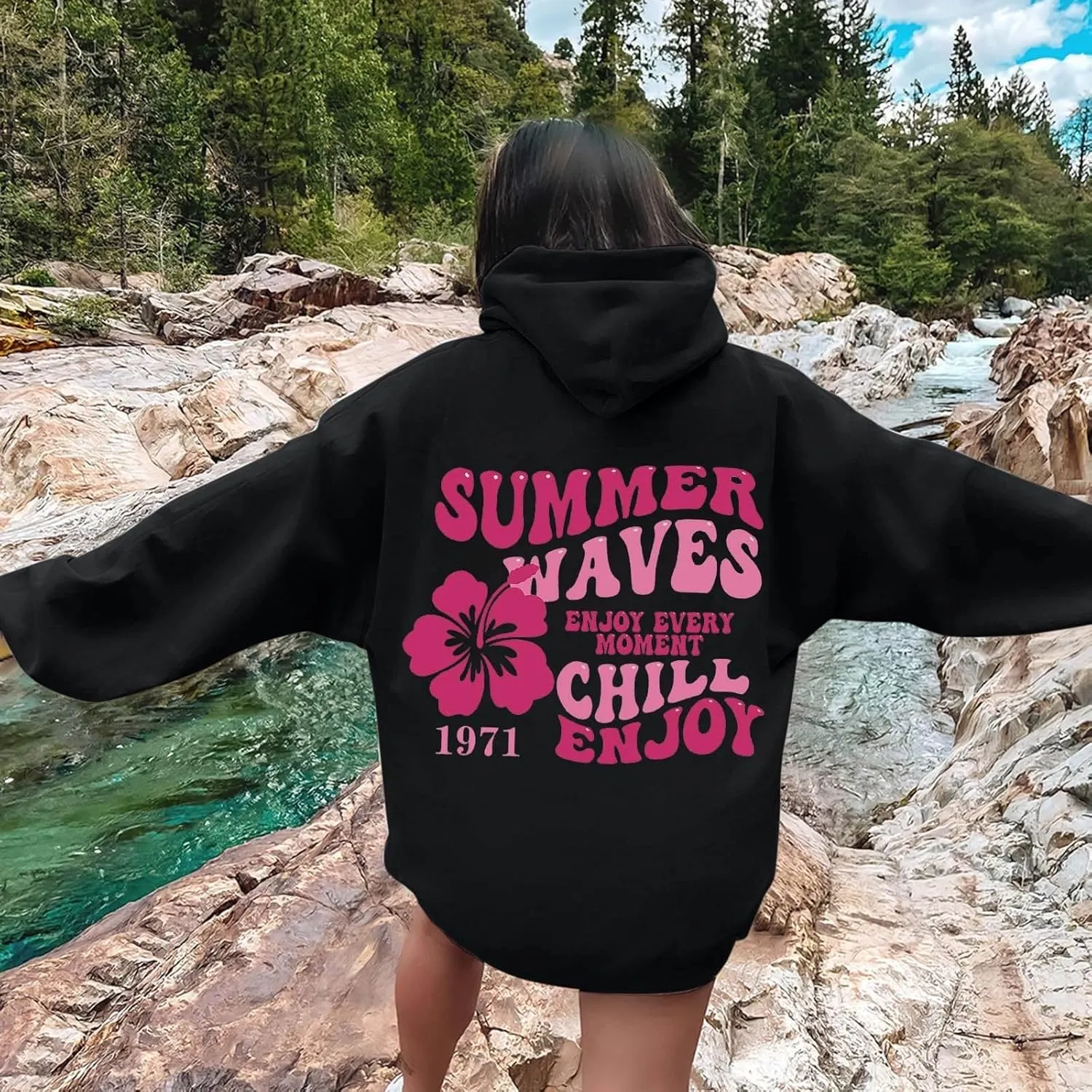 Preppy Hoodies Womens Pink Hoodie Fall Graphic Long Sleeve Drawstring Hooded Pocket Pullover Sweatshirts