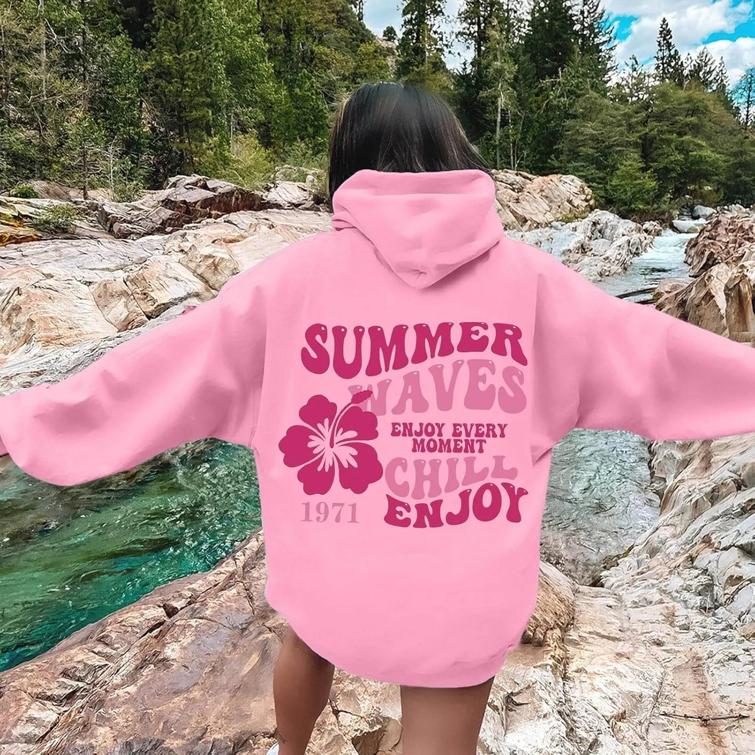 Preppy Hoodies Womens Pink Hoodie Fall Graphic Long Sleeve Drawstring Hooded Pocket Pullover Sweatshirts