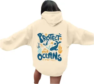 Protect Our Ocean Women Sea Animal Graphic Hoodies Oversized Long Sleeve Pullover Tunic Blouse Tops Outfits with Pocket