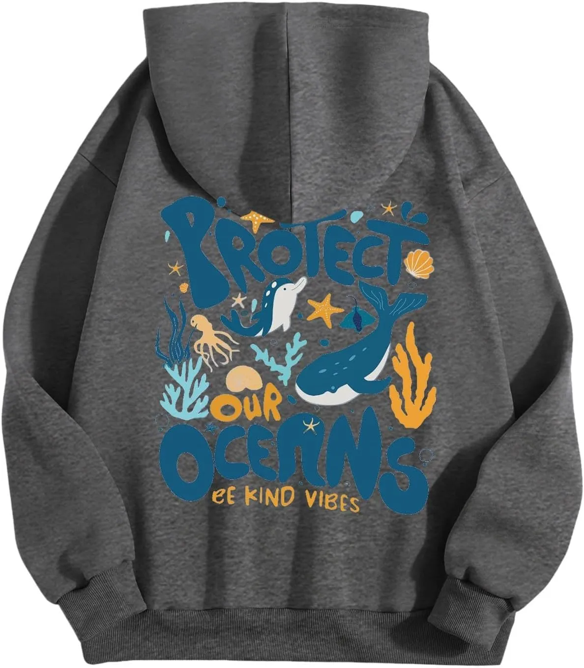 Protect Our Ocean Women Sea Animal Graphic Hoodies Oversized Long Sleeve Pullover Tunic Blouse Tops Outfits with Pocket