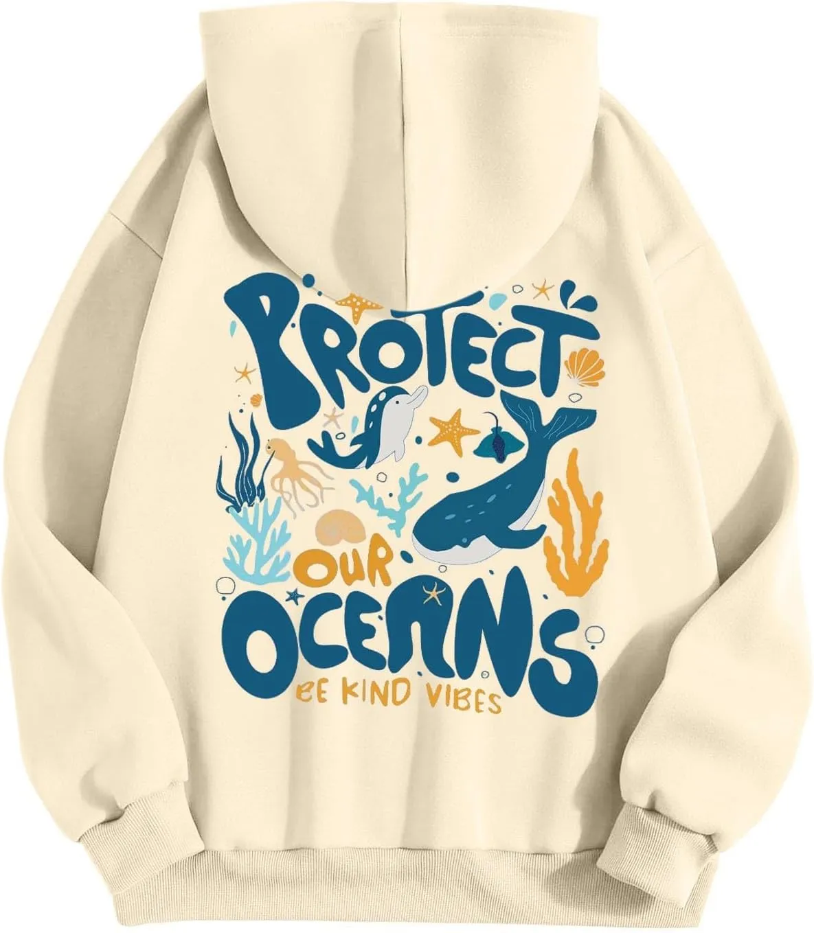 Protect Our Ocean Women Sea Animal Graphic Hoodies Oversized Long Sleeve Pullover Tunic Blouse Tops Outfits with Pocket
