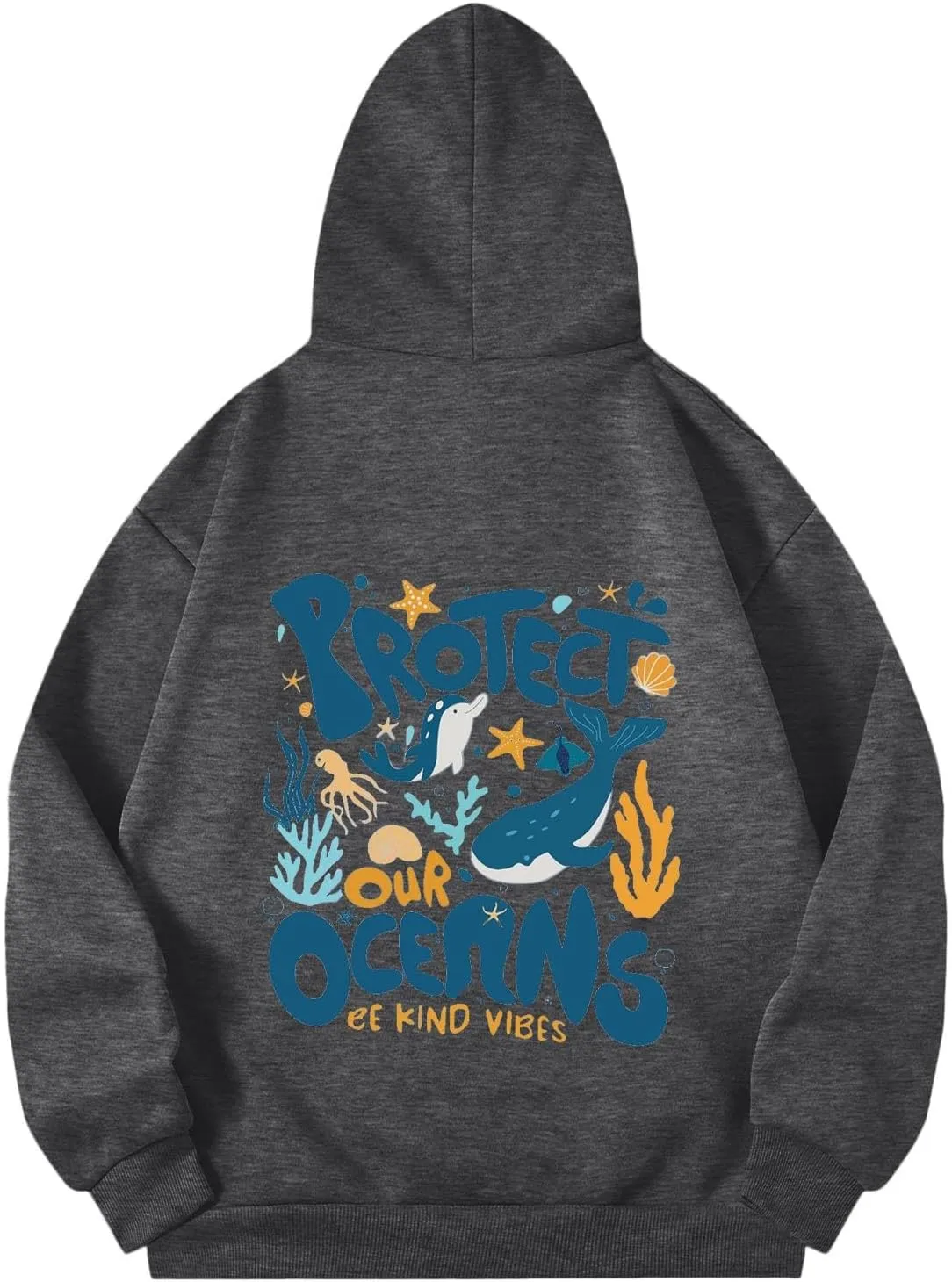 Protect Our Ocean Women Sea Animal Graphic Hoodies Oversized Long Sleeve Pullover Tunic Blouse Tops Outfits with Pocket