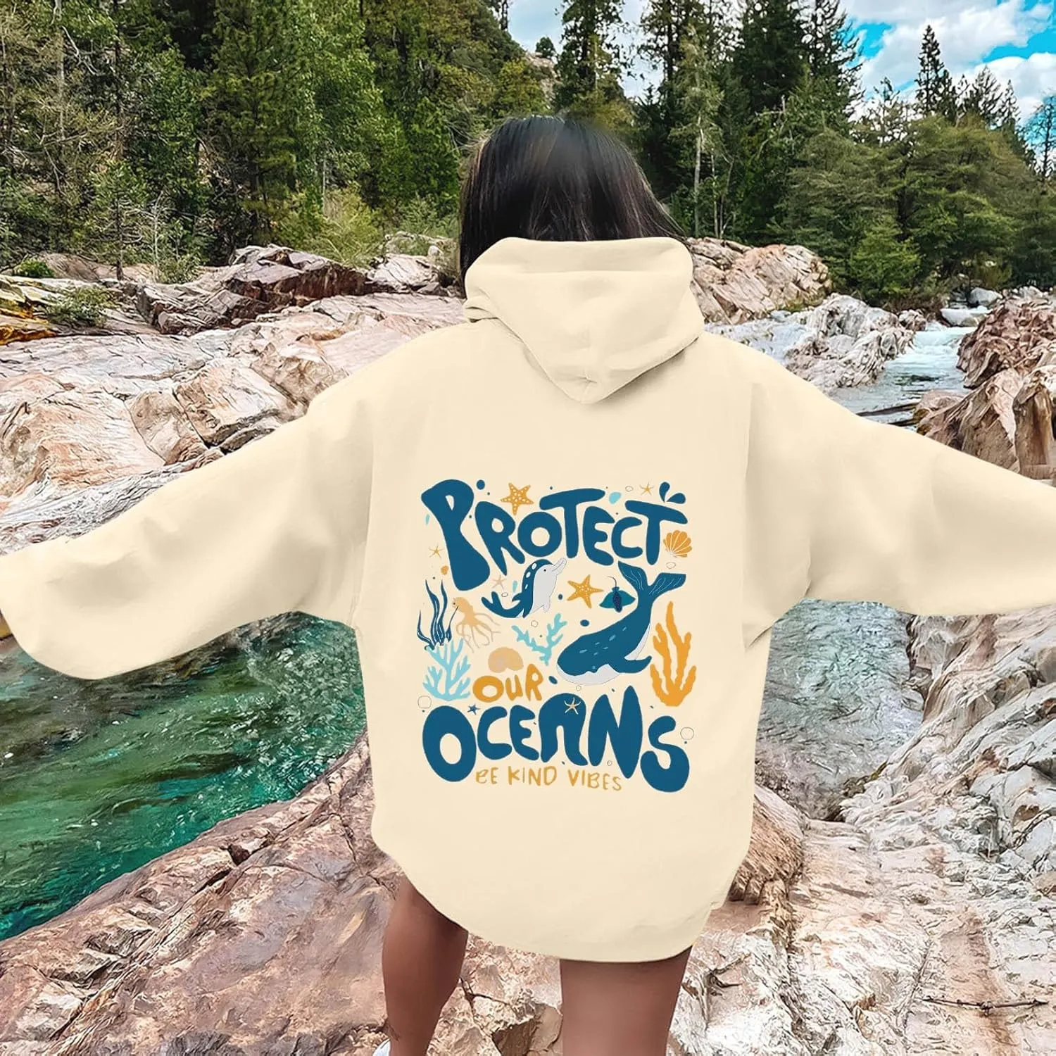Protect Our Ocean Women Sea Animal Graphic Hoodies Oversized Long Sleeve Pullover Tunic Blouse Tops Outfits with Pocket