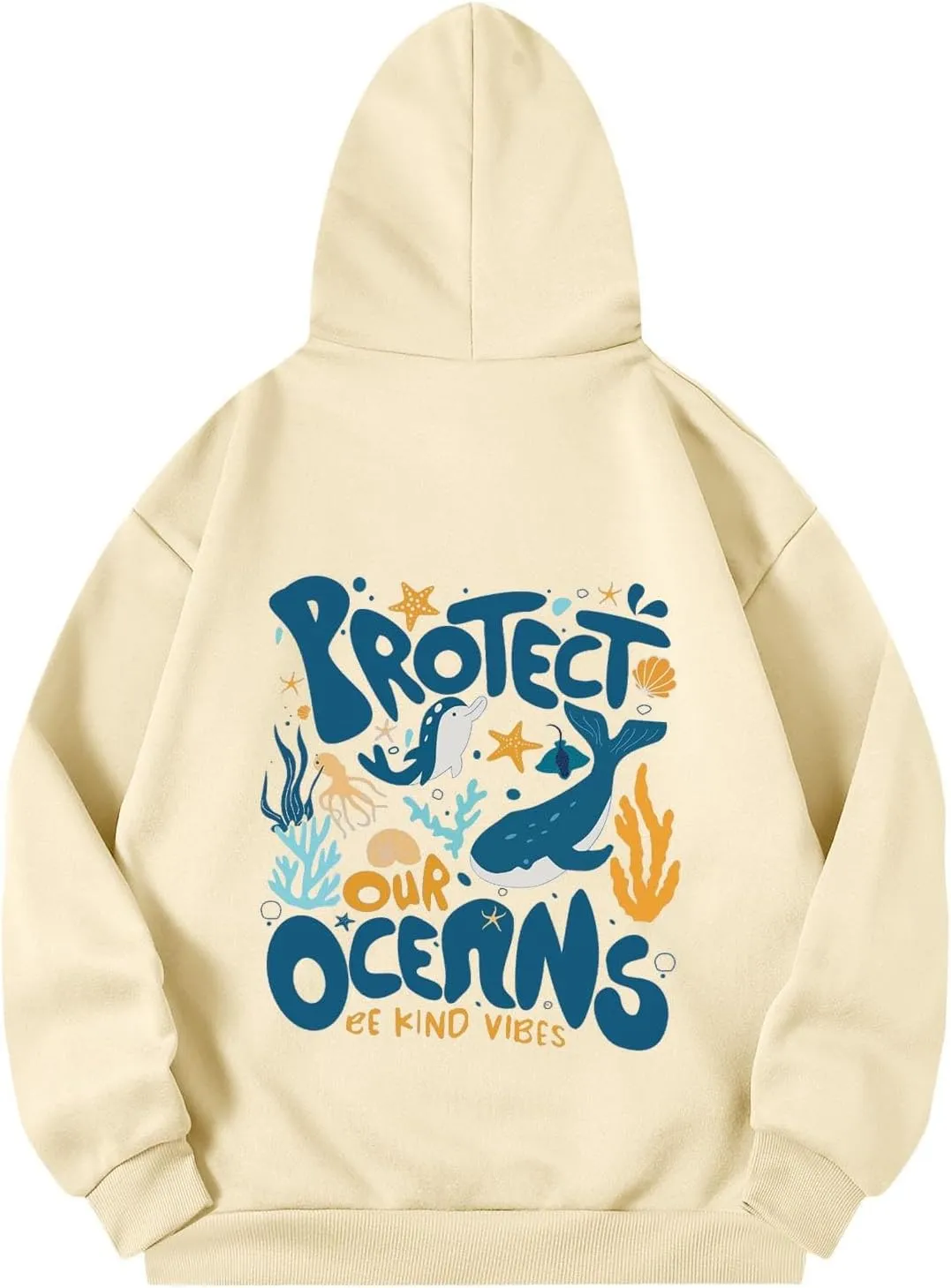 Protect Our Ocean Women Sea Animal Graphic Hoodies Oversized Long Sleeve Pullover Tunic Blouse Tops Outfits with Pocket