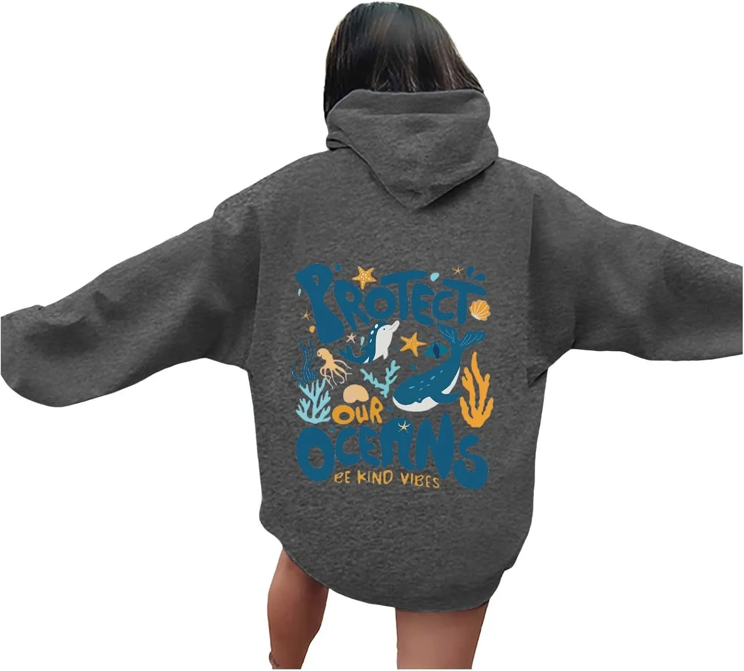 Protect Our Ocean Women Sea Animal Graphic Hoodies Oversized Long Sleeve Pullover Tunic Blouse Tops Outfits with Pocket