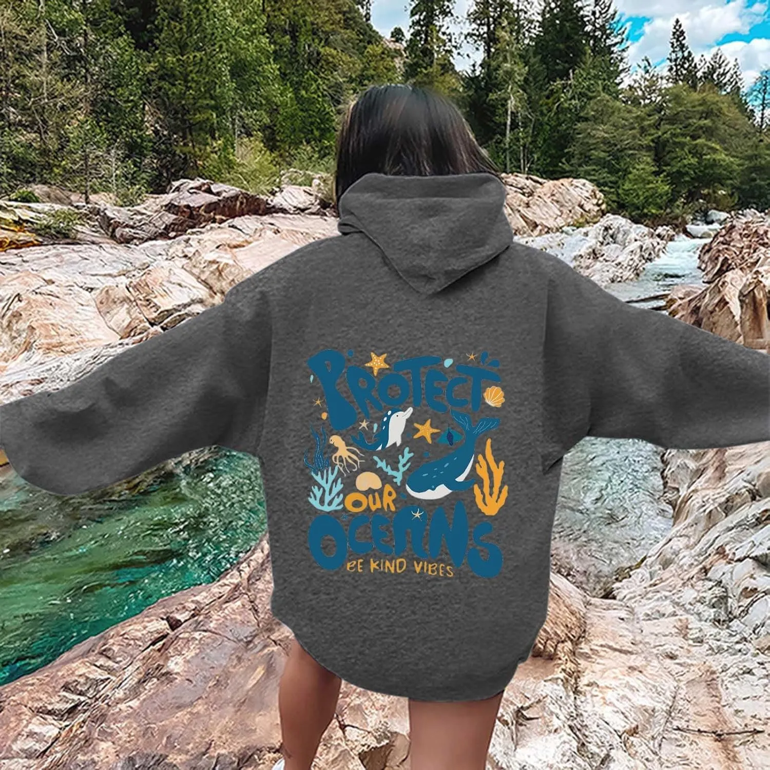 Protect Our Ocean Women Sea Animal Graphic Hoodies Oversized Long Sleeve Pullover Tunic Blouse Tops Outfits with Pocket