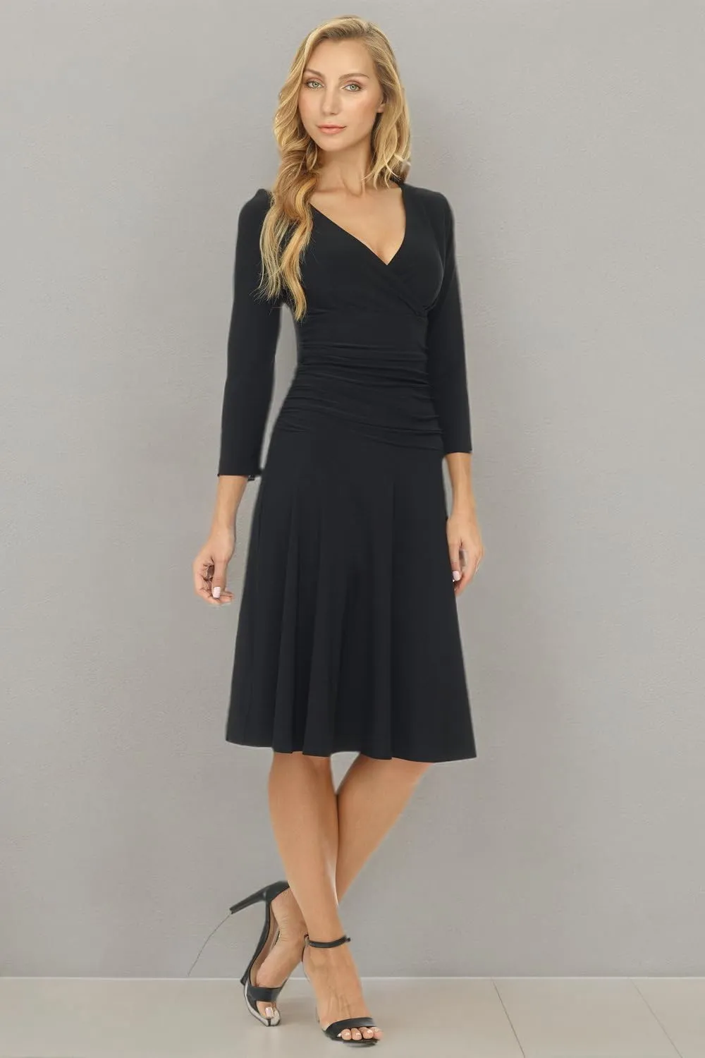 Rekucci Women's Slimming 3/4 Sleeve Fit-and-Flare Crossover Tummy Control Dress