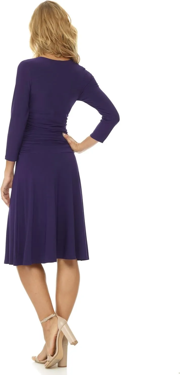Rekucci Women's Slimming 3/4 Sleeve Fit-and-Flare Crossover Tummy Control Dress