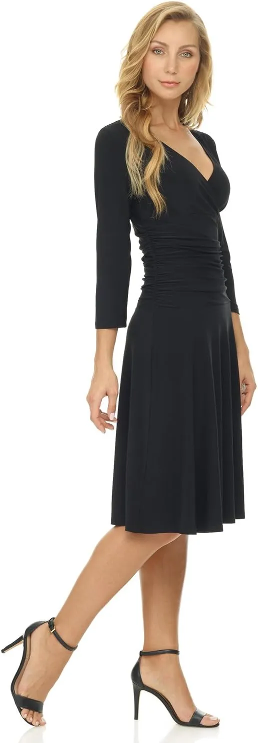 Rekucci Women's Slimming 3/4 Sleeve Fit-and-Flare Crossover Tummy Control Dress