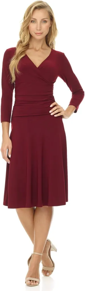Rekucci Women's Slimming 3/4 Sleeve Fit-and-Flare Crossover Tummy Control Dress