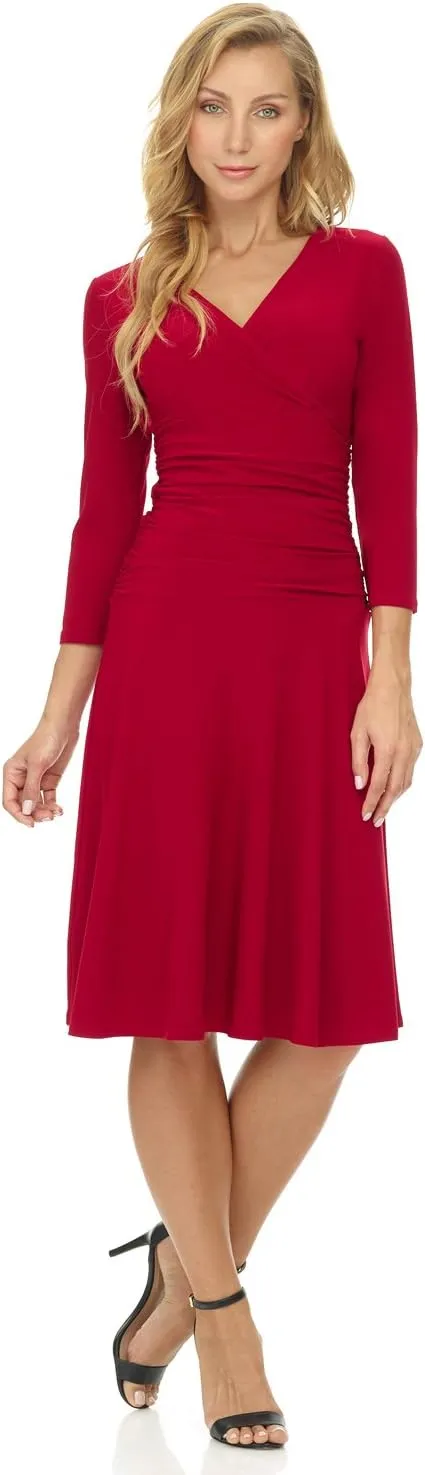 Rekucci Women's Slimming 3/4 Sleeve Fit-and-Flare Crossover Tummy Control Dress