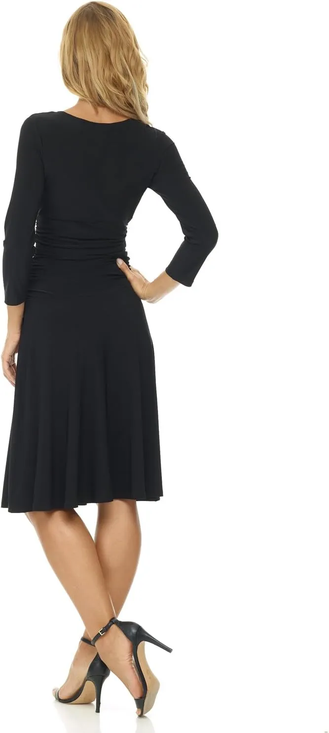 Rekucci Women's Slimming 3/4 Sleeve Fit-and-Flare Crossover Tummy Control Dress
