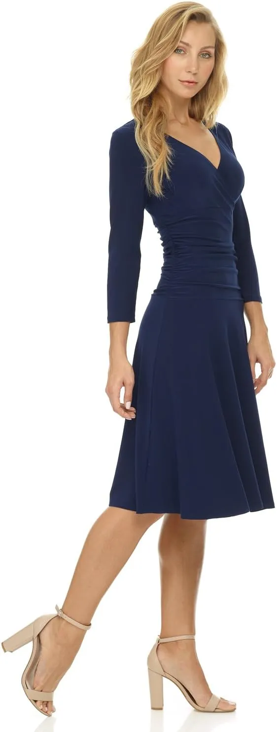 Rekucci Women's Slimming 3/4 Sleeve Fit-and-Flare Crossover Tummy Control Dress