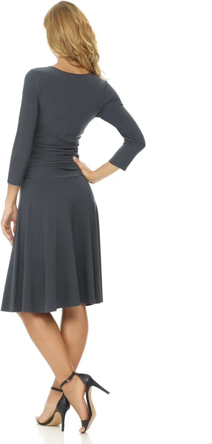 Rekucci Women's Slimming 3/4 Sleeve Fit-and-Flare Crossover Tummy Control Dress