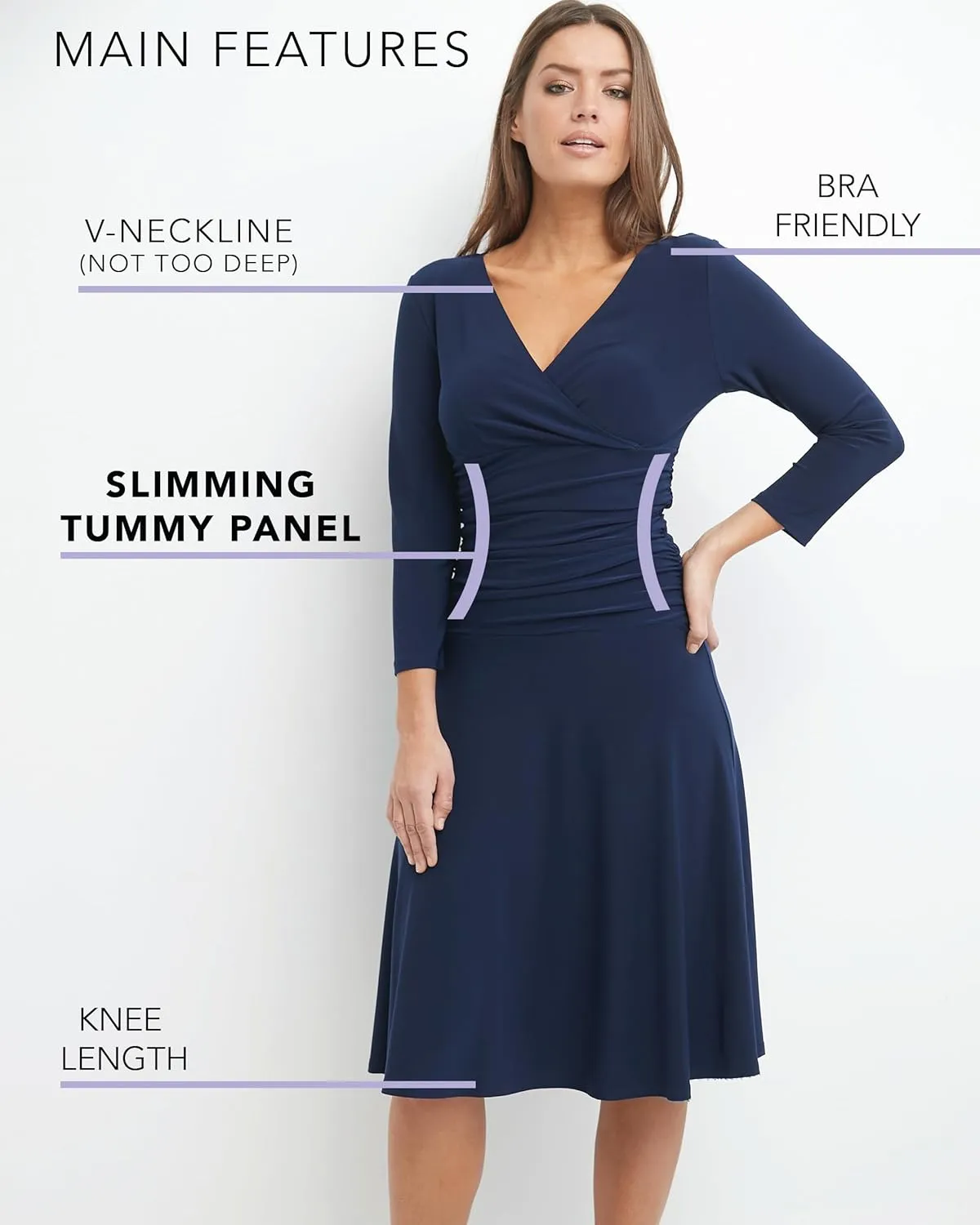 Rekucci Women's Slimming 3/4 Sleeve Fit-and-Flare Crossover Tummy Control Dress