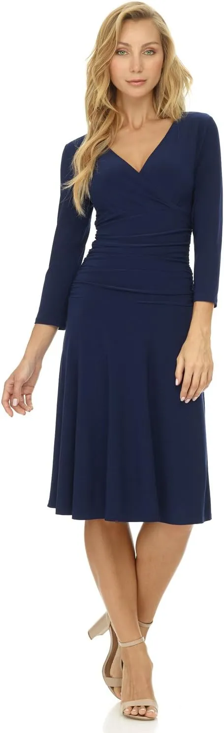Rekucci Women's Slimming 3/4 Sleeve Fit-and-Flare Crossover Tummy Control Dress