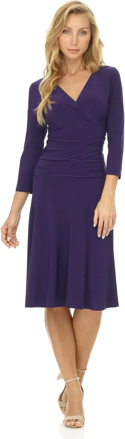 Rekucci Women's Slimming 3/4 Sleeve Fit-and-Flare Crossover Tummy Control Dress