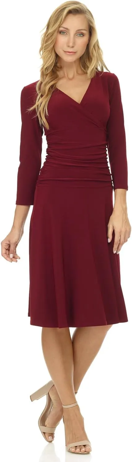Rekucci Women's Slimming 3/4 Sleeve Fit-and-Flare Crossover Tummy Control Dress