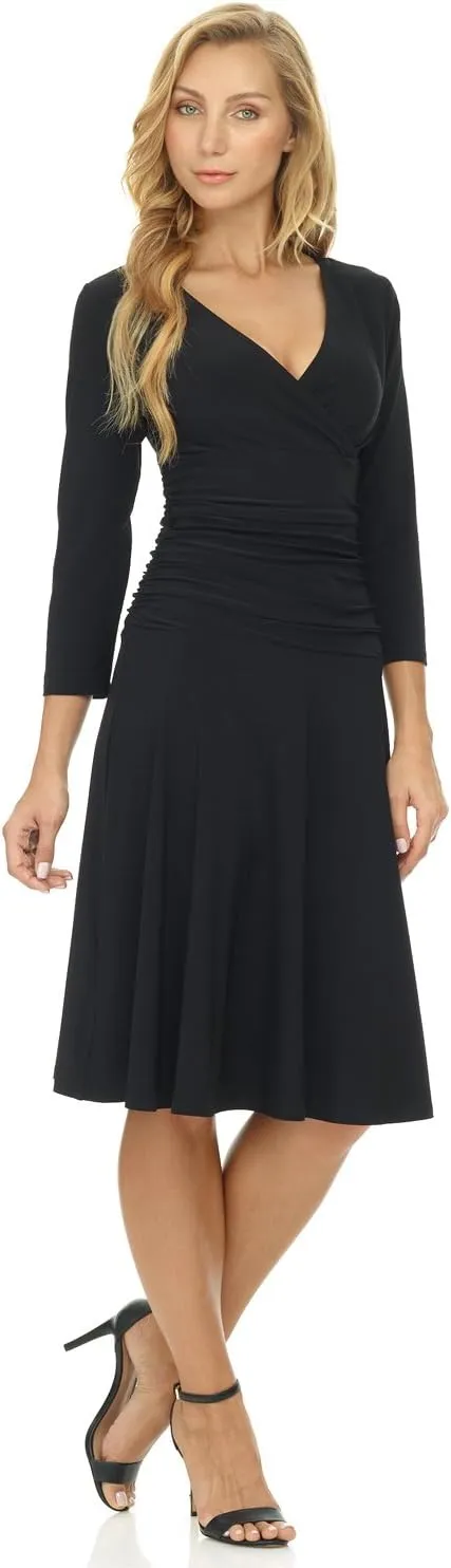 Rekucci Women's Slimming 3/4 Sleeve Fit-and-Flare Crossover Tummy Control Dress